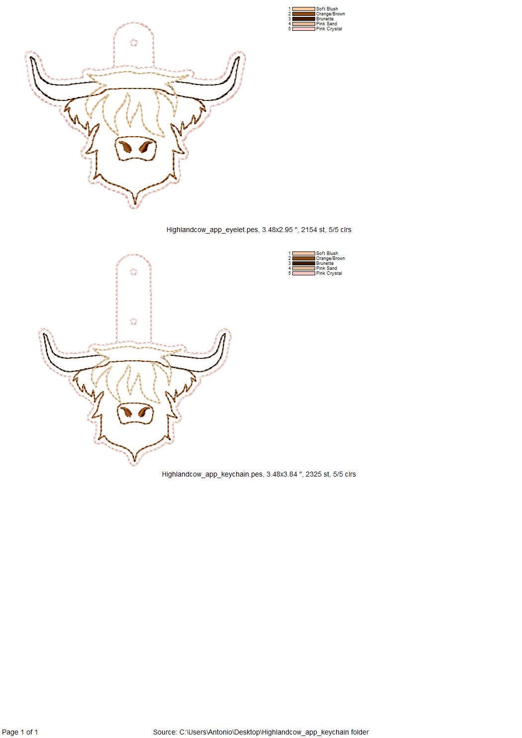 Rustic Highland Cow Bull Applique Eyelet and Key Fob Snap Tab keychain in the hoop machine embroidery designs ITH men boys key tag gift idea