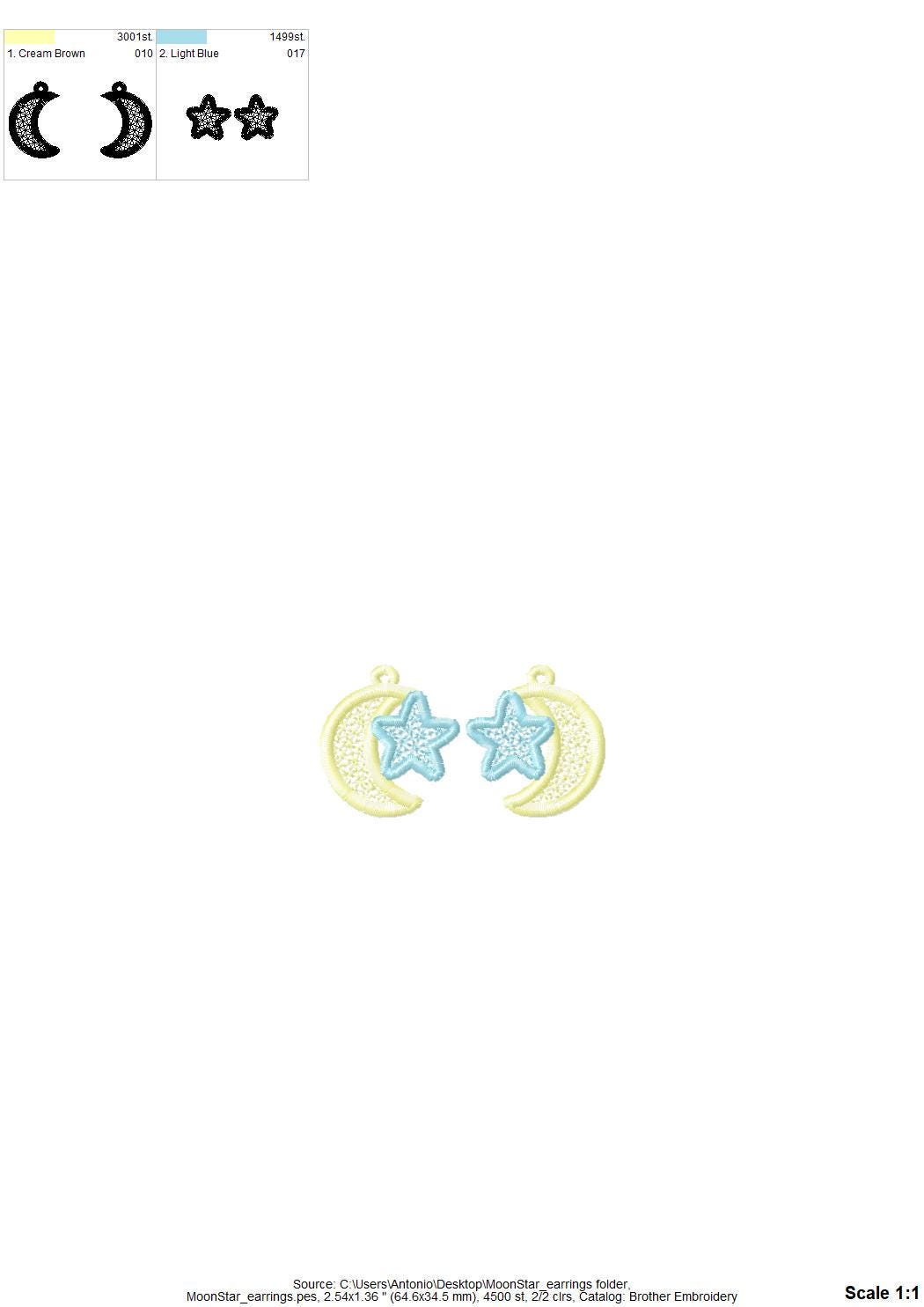 Moon and Star small earrings in the hoop FSL freestanding lace machine embroidery designs girls kids charm quick simply ITH