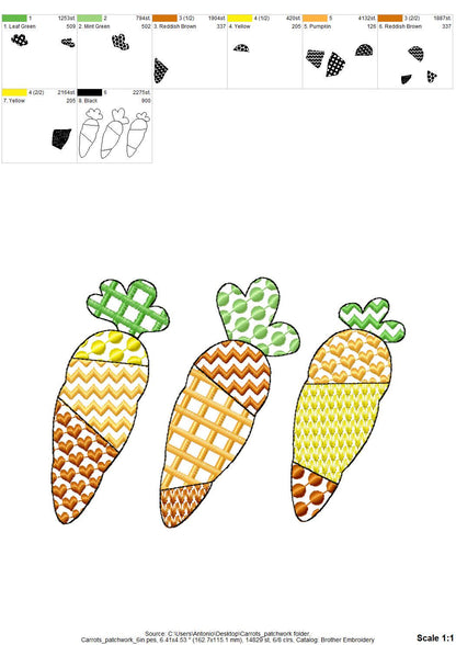 Patchwork Carrot Trio – Towel instant download embroidery file by Artapli