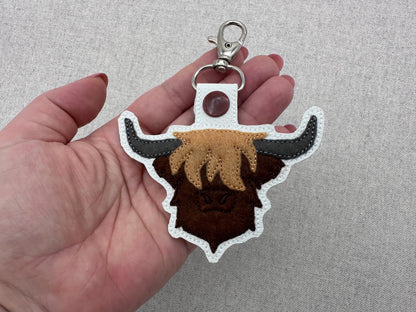 Rustic Highland Cow Bull Applique Eyelet and Key Fob Snap Tab keychain in the hoop machine embroidery designs ITH men boys key tag gift idea