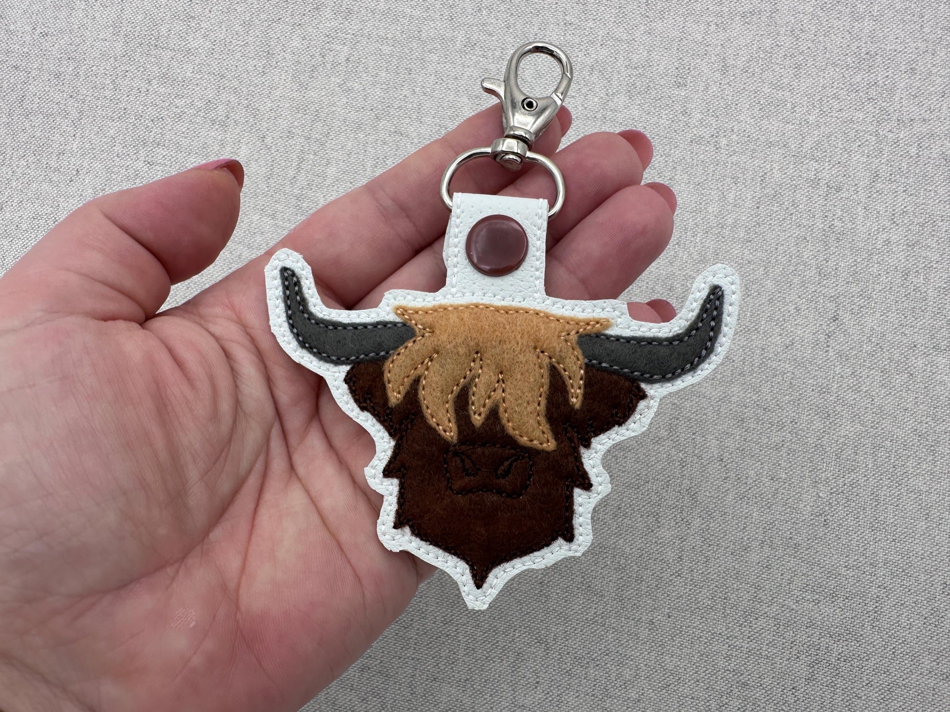 Rustic Highland Cow Bull Applique Eyelet and Key Fob Snap Tab keychain in the hoop machine embroidery designs ITH men boys key tag gift idea
