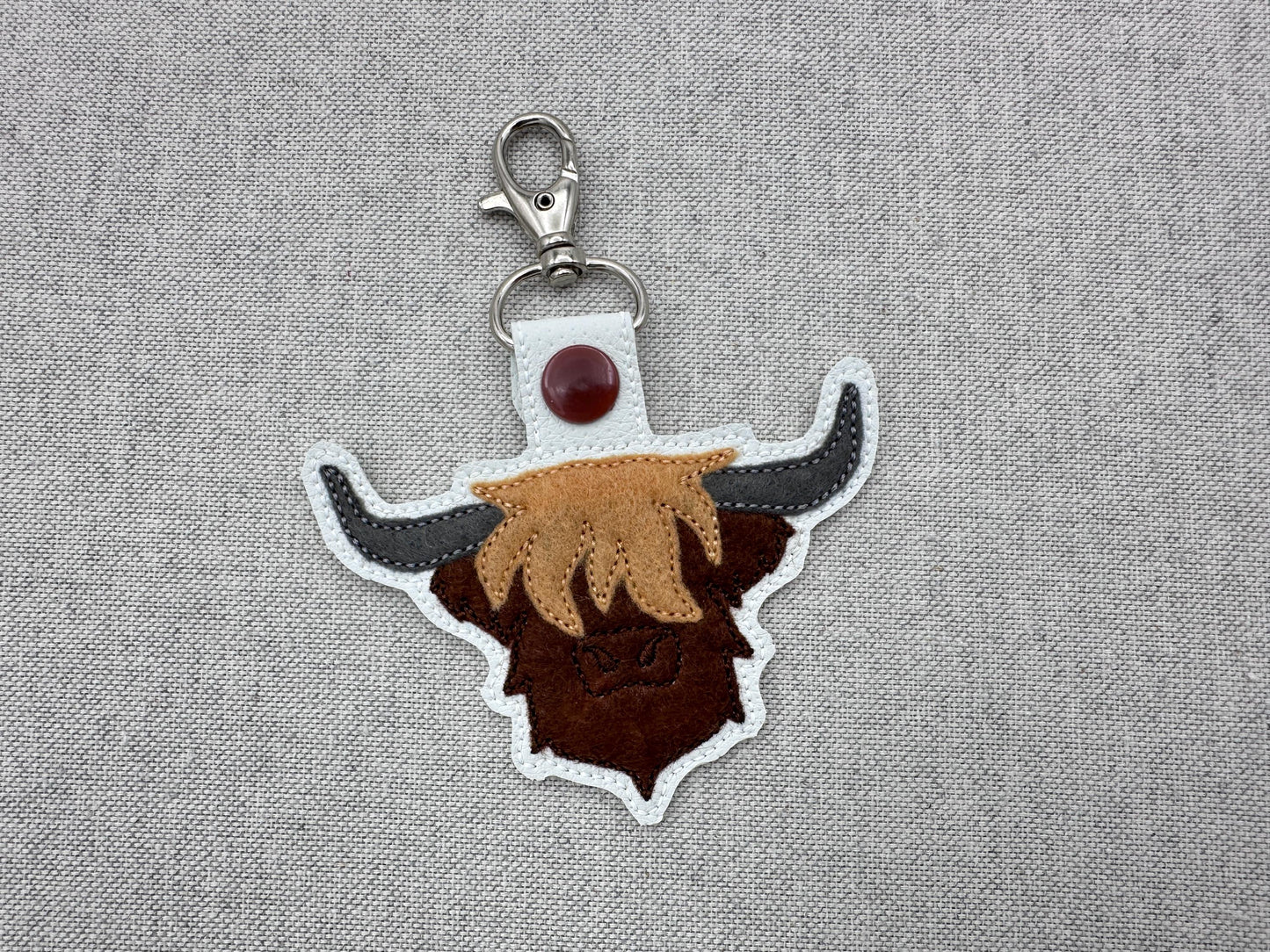Rustic Highland Cow Bull Applique Eyelet and Key Fob Snap Tab keychain in the hoop machine embroidery designs ITH men boys key tag gift idea