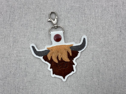 Rustic Highland Cow Bull Applique Eyelet and Key Fob Snap Tab keychain in the hoop machine embroidery designs ITH men boys key tag gift idea