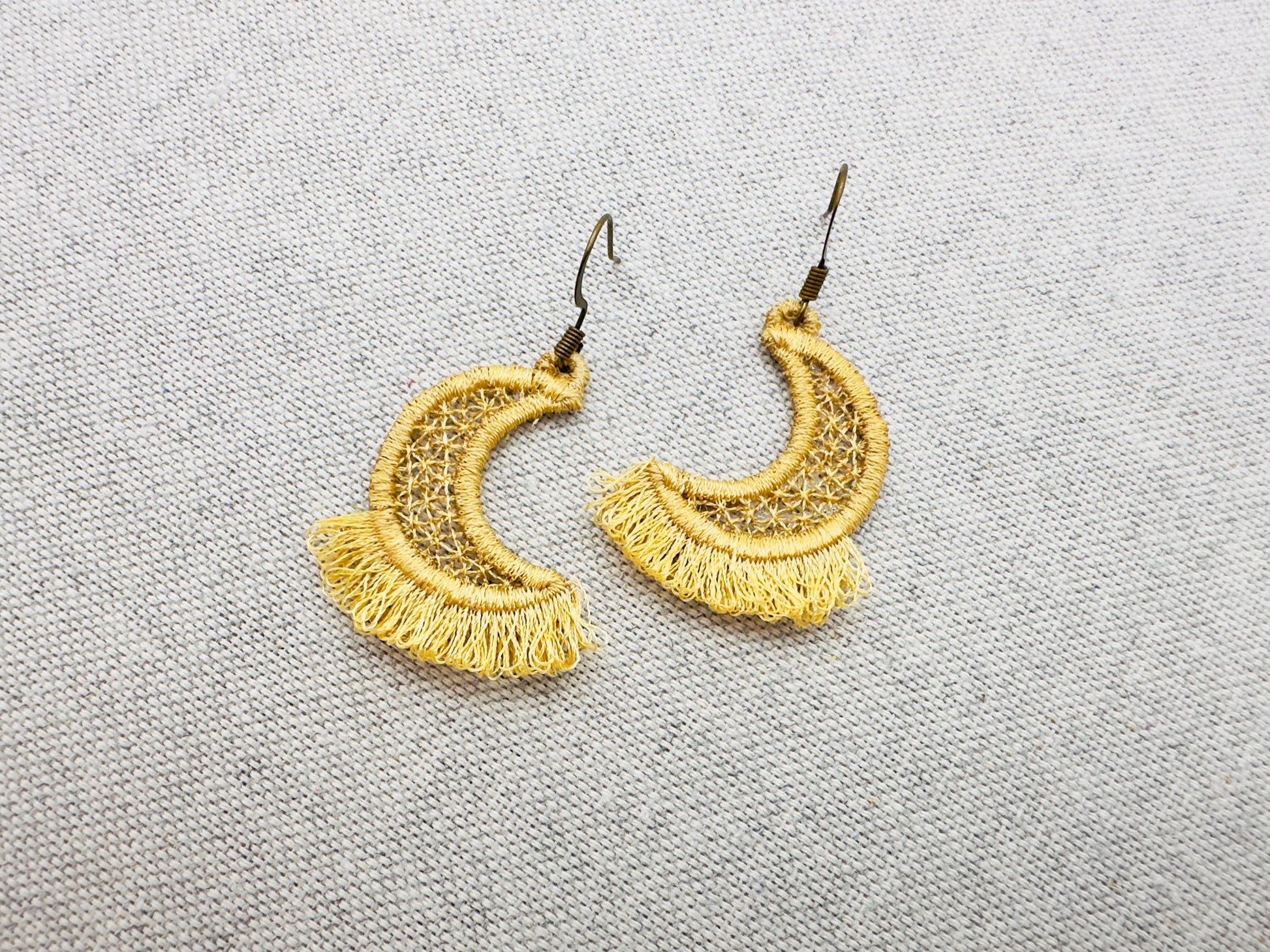 Fringed Fluffy Half Moon girls pretty earrings or charm in the hoop FSL freestanding lace fringe machine embroidery designs ITH size 1 inch