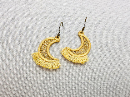 Fringed Fluffy Half Moon girls pretty earrings or charm in the hoop FSL freestanding lace fringe machine embroidery designs ITH size 1 inch