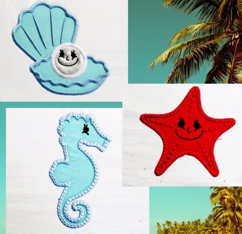 Seahorse Pearl and Starfish Set of 3 Applique Embroidery 3" 4" 5" 7" | PES DST JEF | Artapli