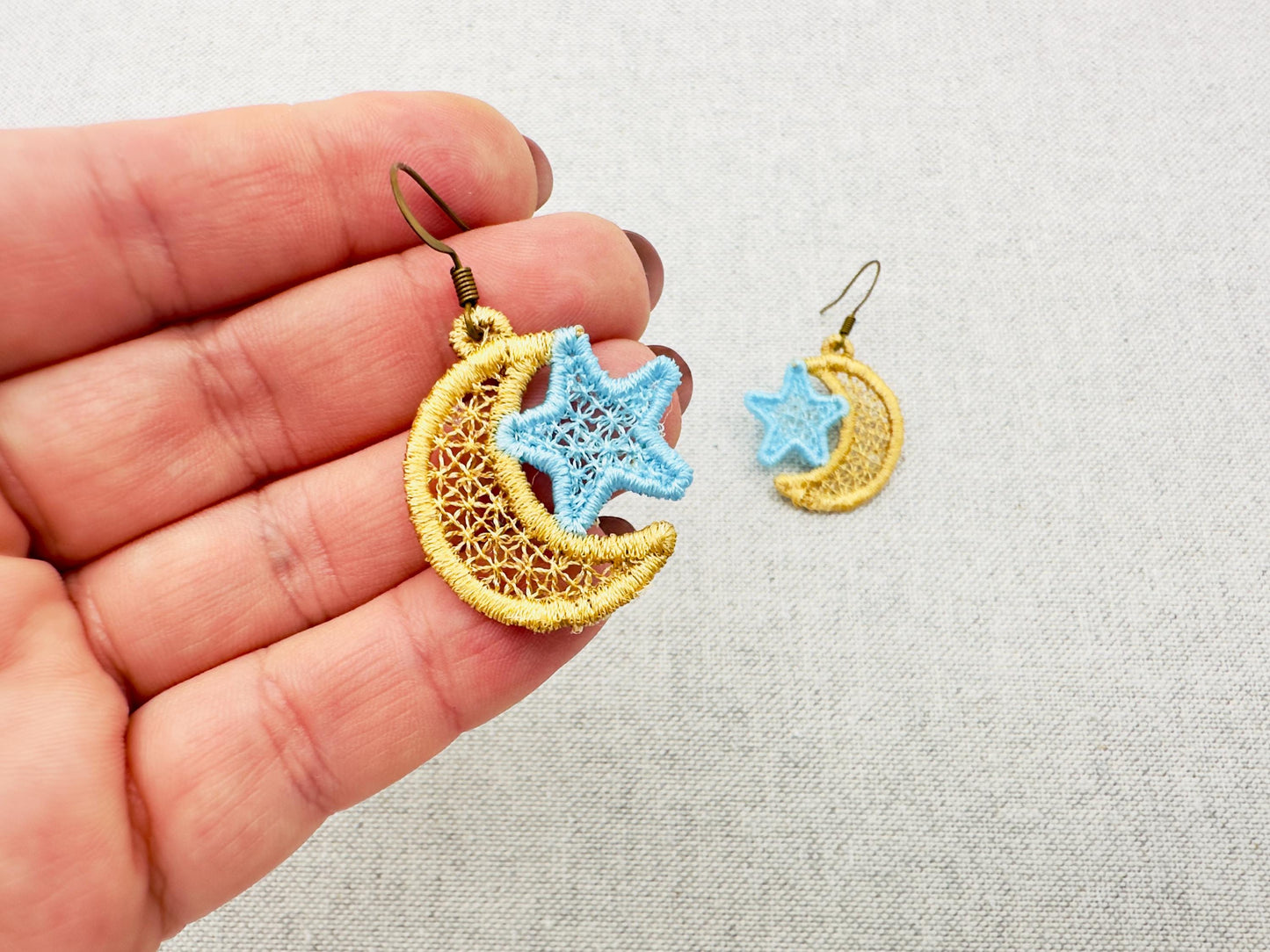 Moon and Star small earrings in the hoop FSL freestanding lace machine embroidery designs girls kids charm quick simply ITH