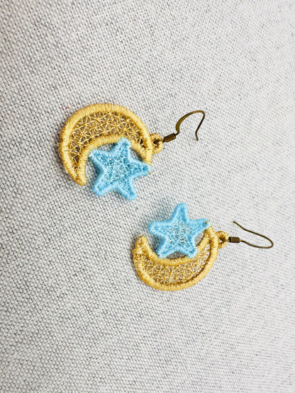 Moon and Star small earrings in the hoop FSL freestanding lace machine embroidery designs girls kids charm quick simply ITH