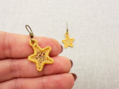 Mini Star dangle earrings in the hoop FSL freestanding lace machine embroidery designs size 1 inch girls kids charm quick simply ITH project