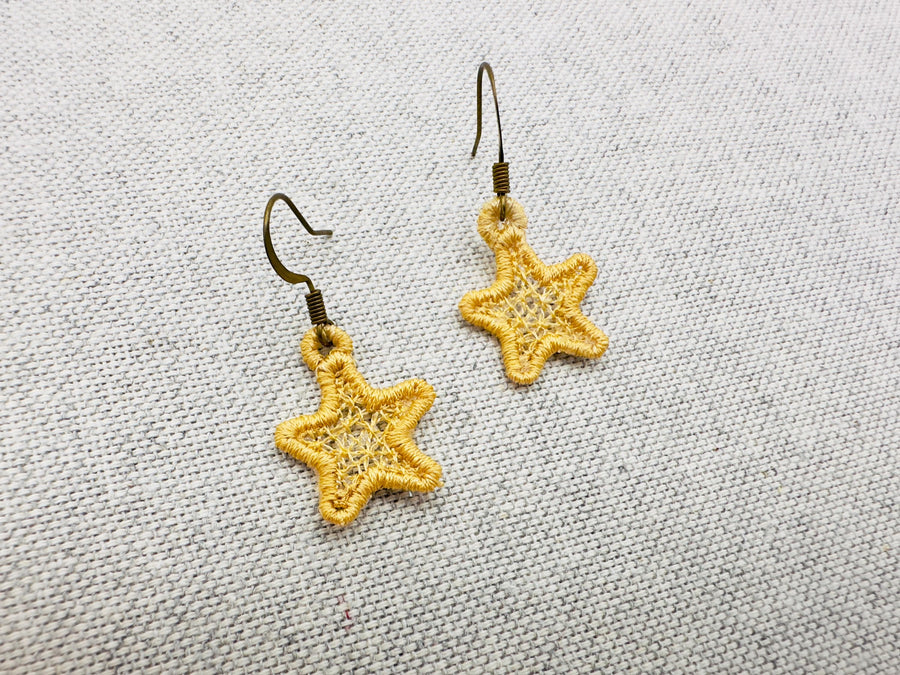 Mini Star dangle earrings in the hoop FSL freestanding lace machine embroidery designs size 1 inch girls kids charm quick simply ITH project