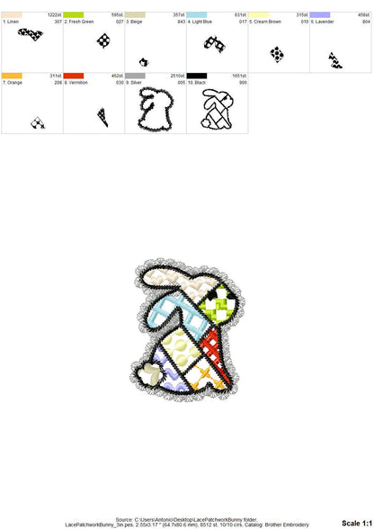 Adorable Patchwork Bunny with Lace edge kids baby girls outfit patterned Bunny outline machine embroidery designs many sizes 3 up to 8 inch