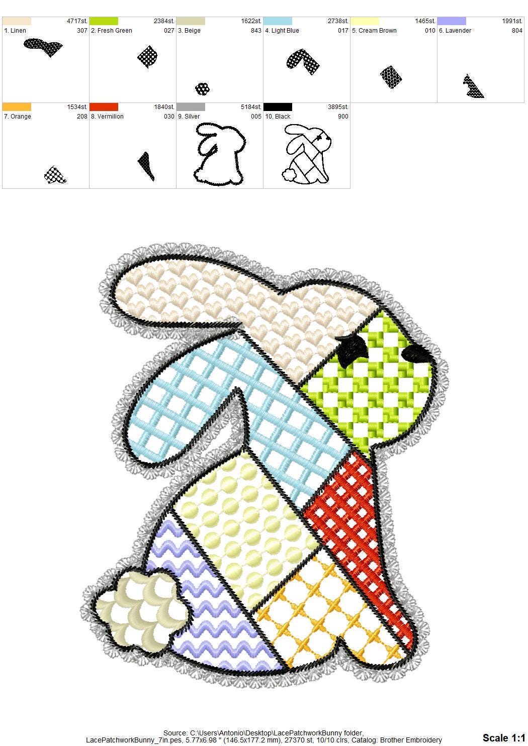 Adorable Patchwork Bunny with Lace edge kids baby girls outfit patterned Bunny outline machine embroidery designs many sizes 3 up to 8 inch