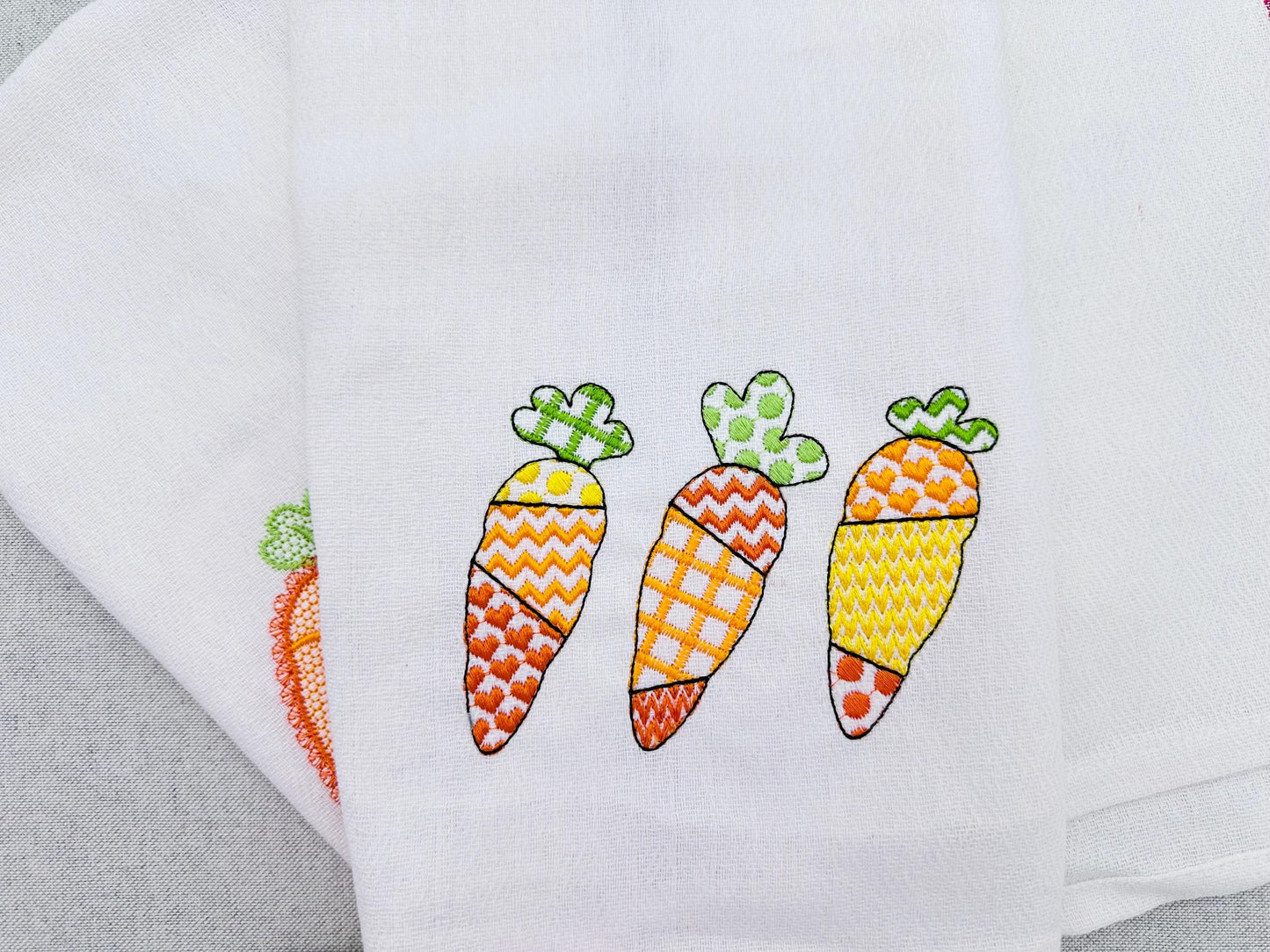 Patchwork Carrot Trio – Farm machine embroidery design by Artapli