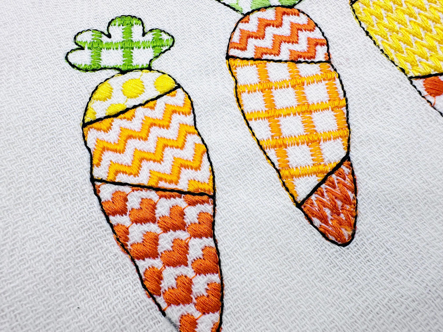 Patchwork Carrot Trio – Pattern machine embroidery pattern by Artapli