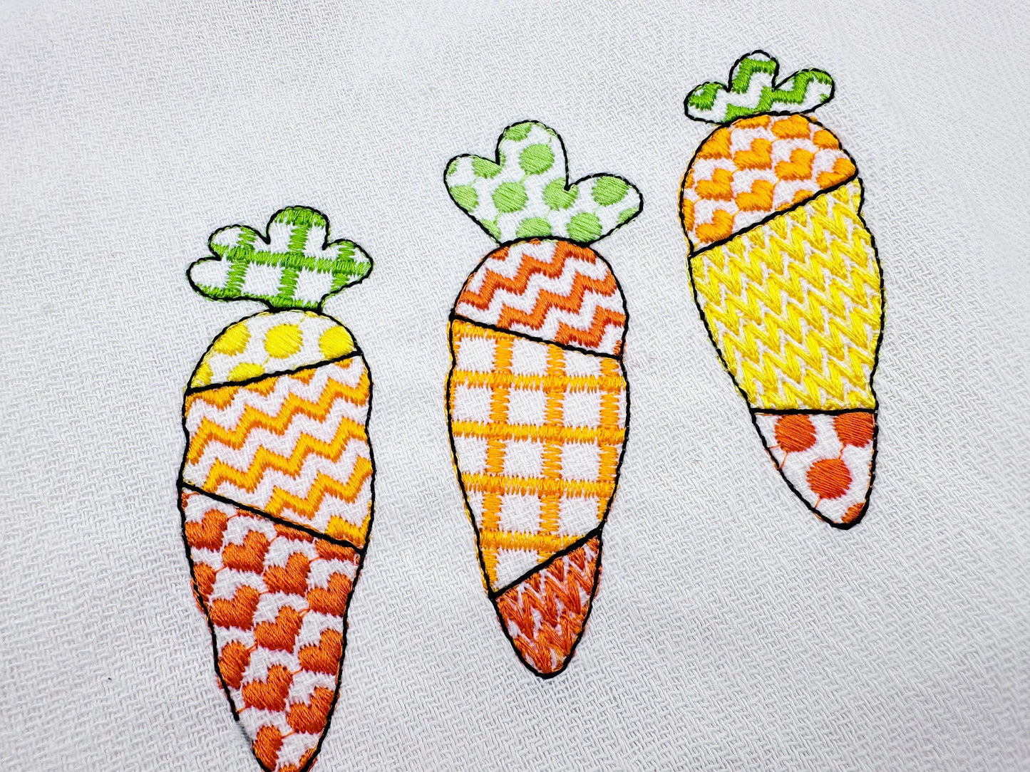 Patchwork Carrot Trio – Sizes 4" 4.5" 5" 5.5" 6" 7" Digital Embroidery File | Artapli