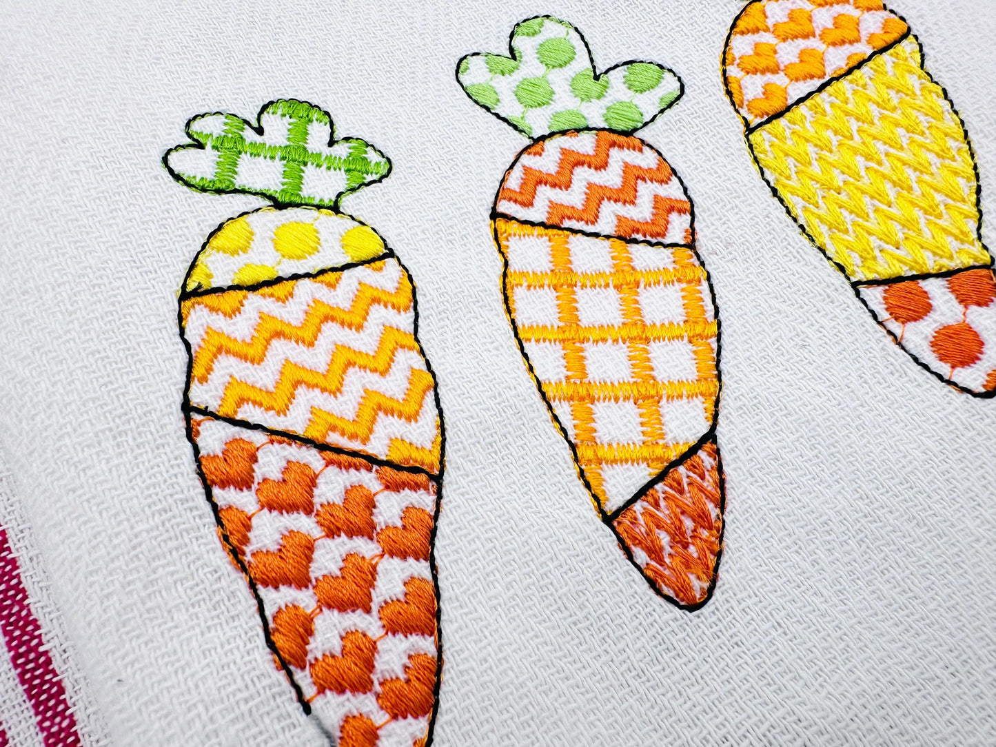 Patchwork Carrot Trio – Farm embroidery design by Artapli