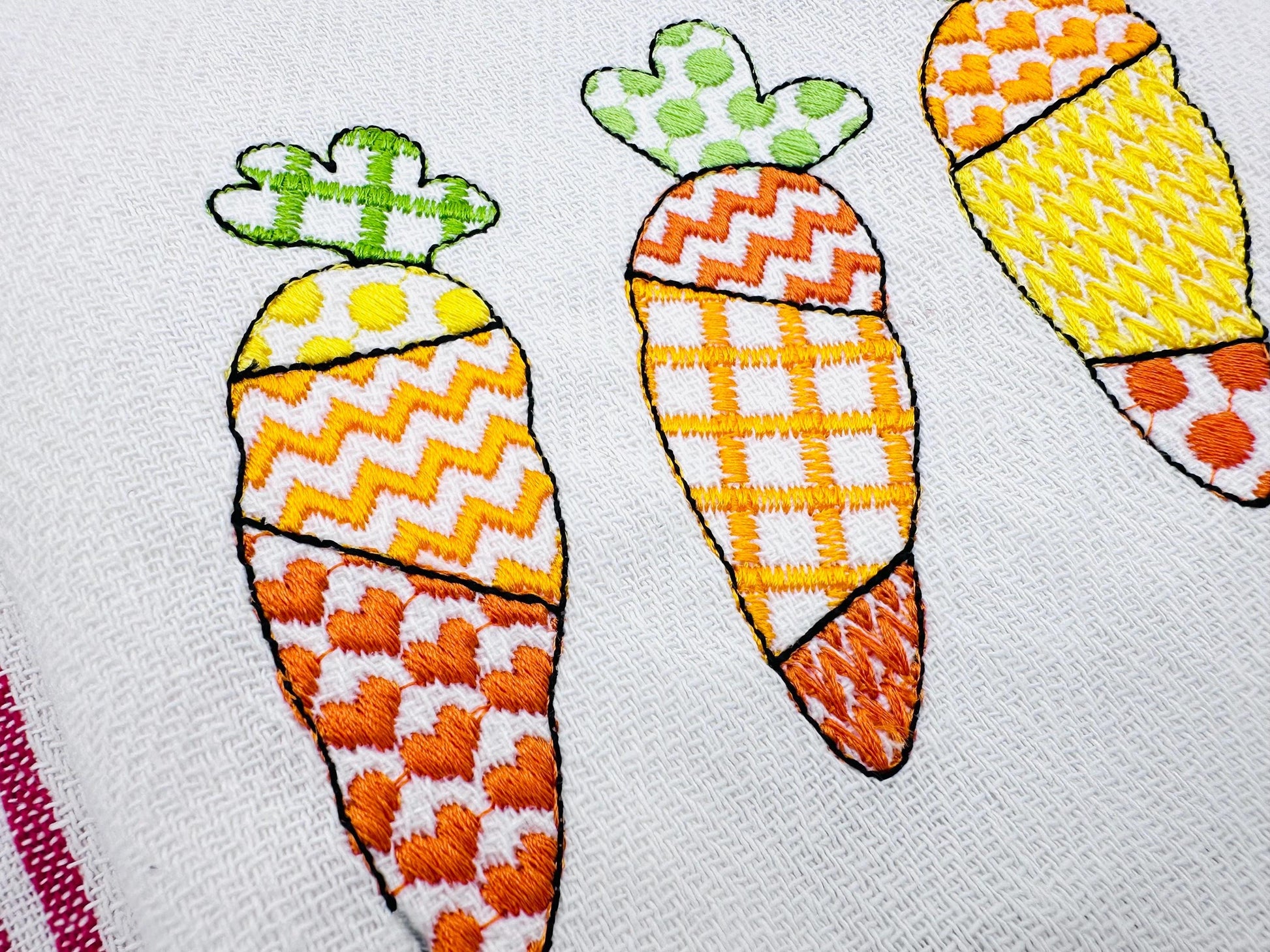 Patchwork Carrot Trio – Farm embroidery design by Artapli