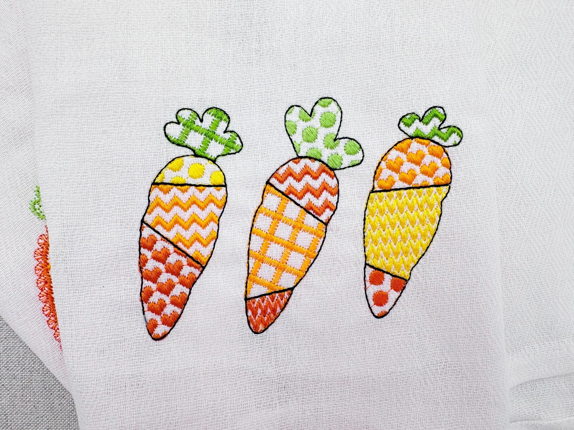 Patchwork Carrot Trio – Easter machine embroidery design by Artapli