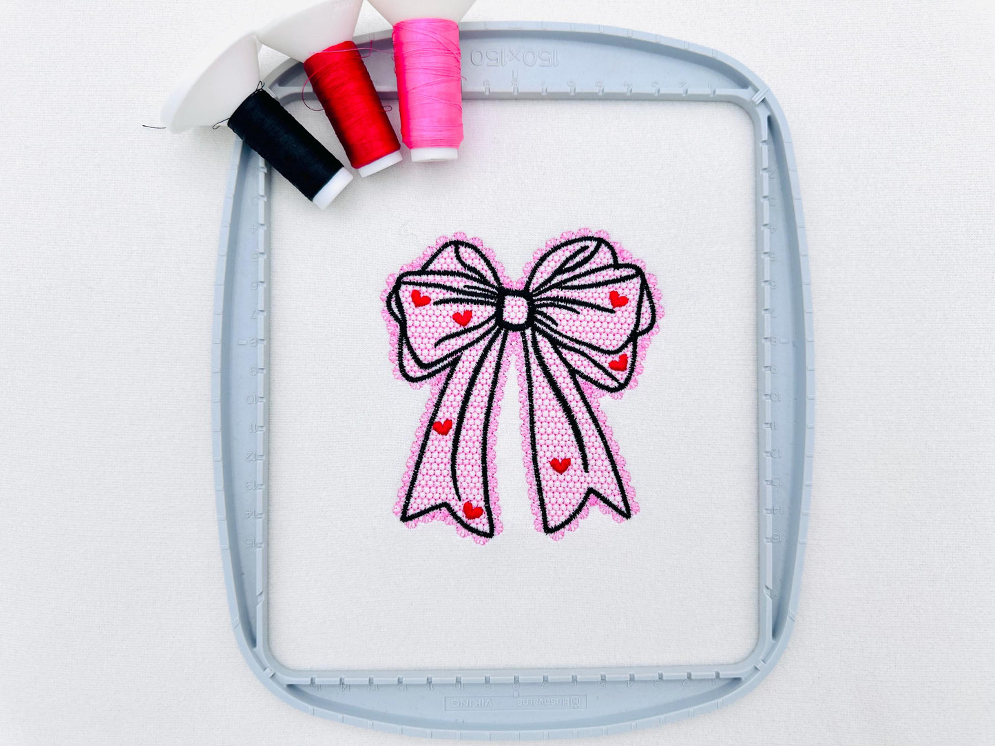 Lace Edge Heart Bow – Baby machine embroidery design by Artapli