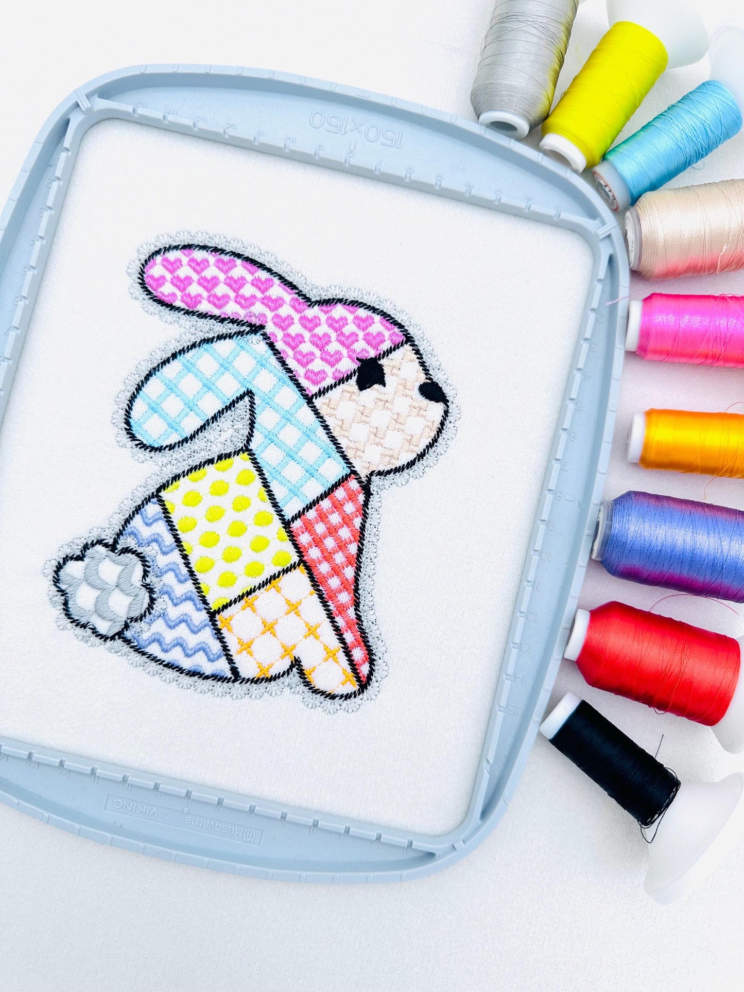 Adorable Patchwork Bunny with Lace edge kids baby girls outfit patterned Bunny outline machine embroidery designs many sizes 3 up to 8 inch