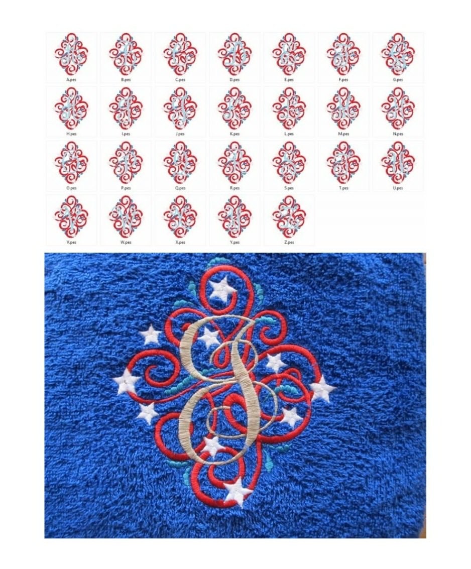 Ornamental swirl and curl Star Monogram  A-Z – Embroidery Font 4" 5.5" 5" 7" | BX PES DST JEF | Artapli