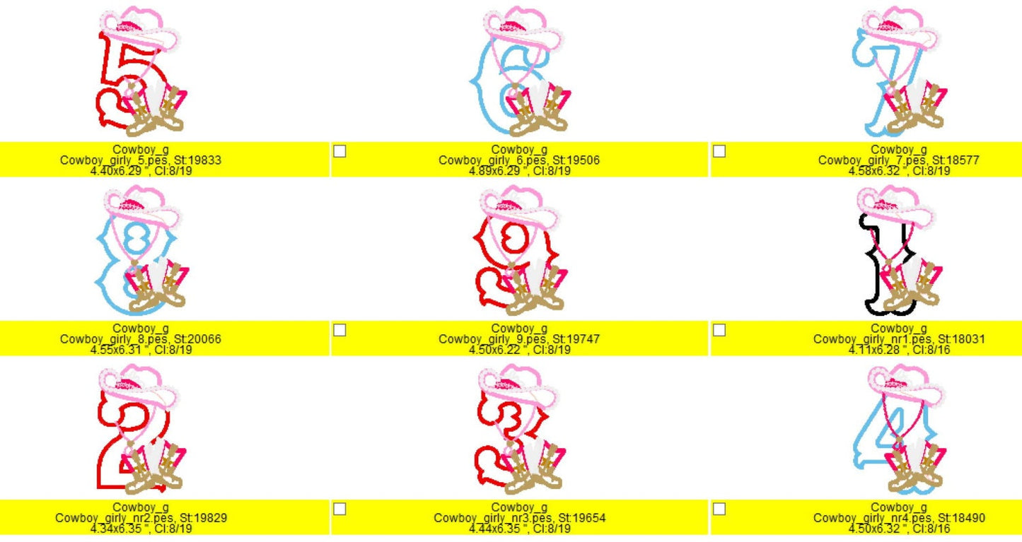 Cowgirl Birthday Numbers 1-9 – Sizes 6" 7" 5" Digital Embroidery File | Artapli