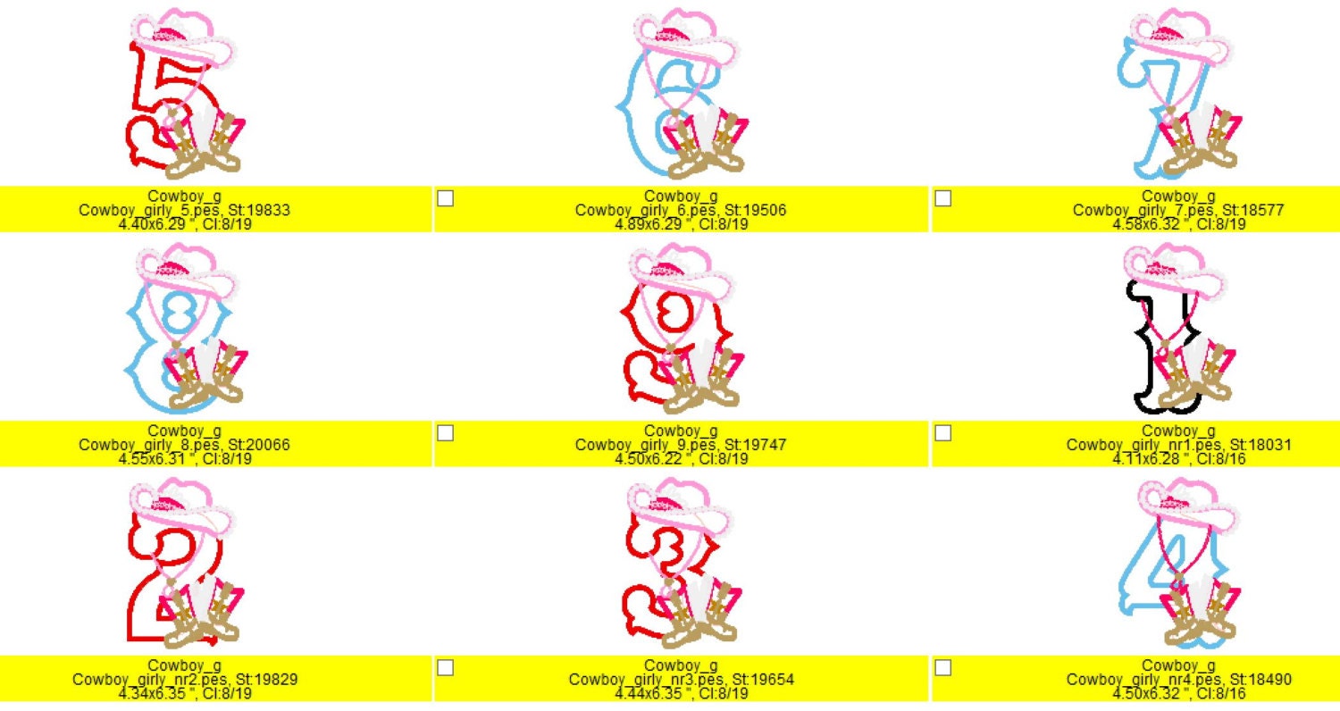 Cowgirl Birthday Numbers 1-9 – Sizes 6" 7" 5" Digital Embroidery File | Artapli
