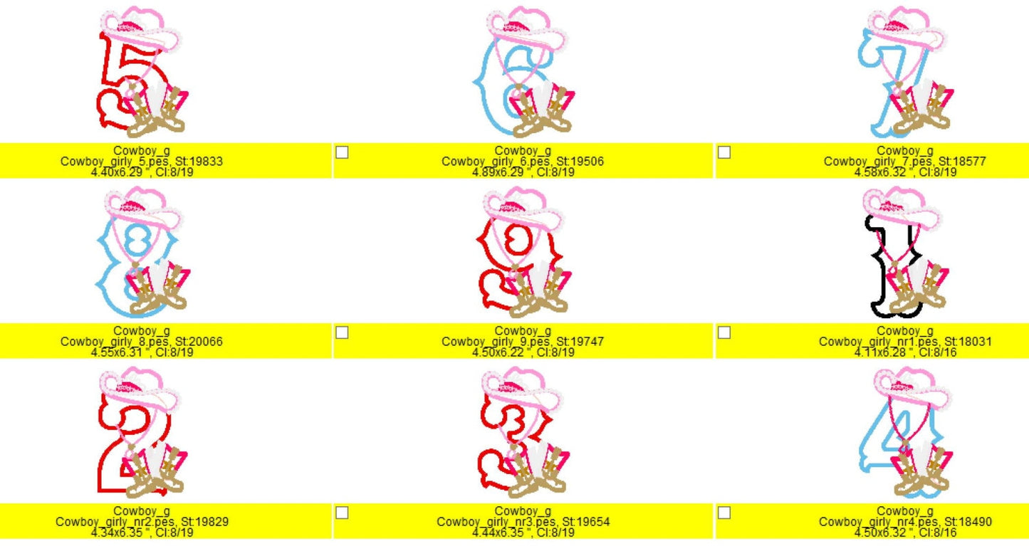 Girls Cowboy Birthday Numbers 1-9 hat kicking boots applique machine embroidery designs