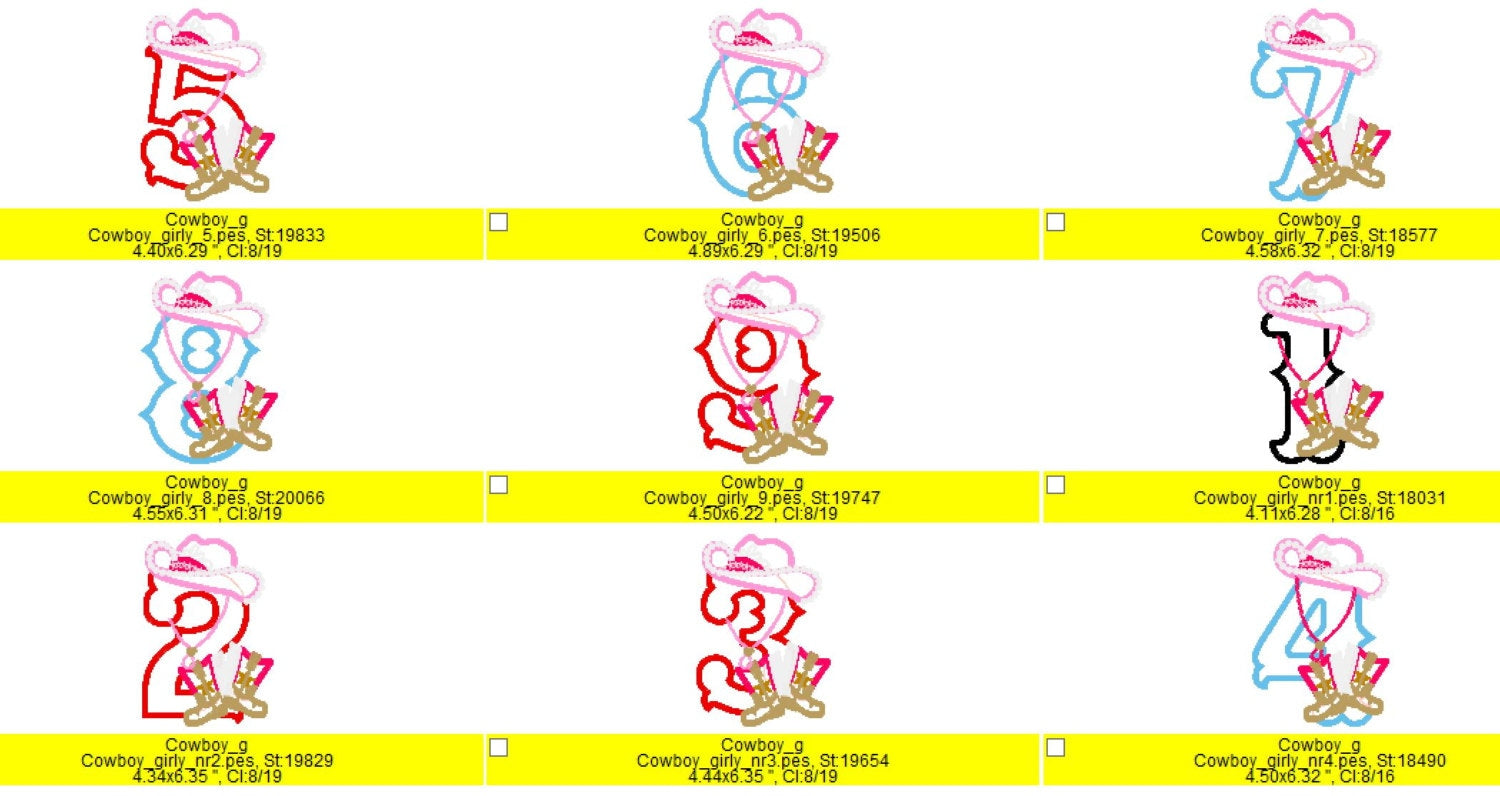 Girls Cowboy Birthday Numbers 1-9 hat kicking boots applique machine embroidery designs