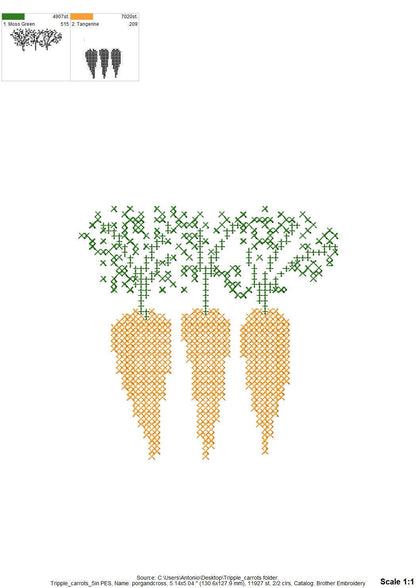 Cross Stitch Carrot Trio – Kitchen machine embroidery pattern by Artapli