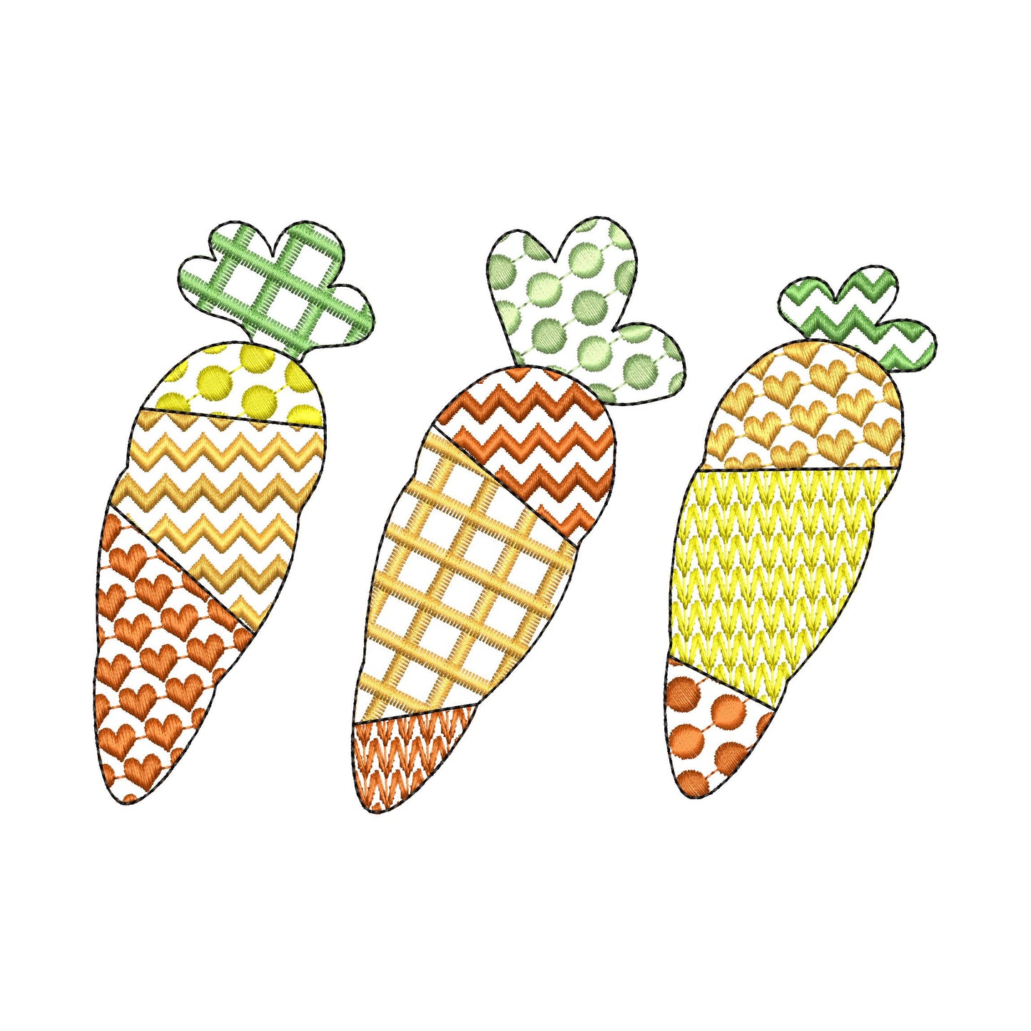 Patchwork Carrot Trio – Patchwork embroidery pattern by Artapli