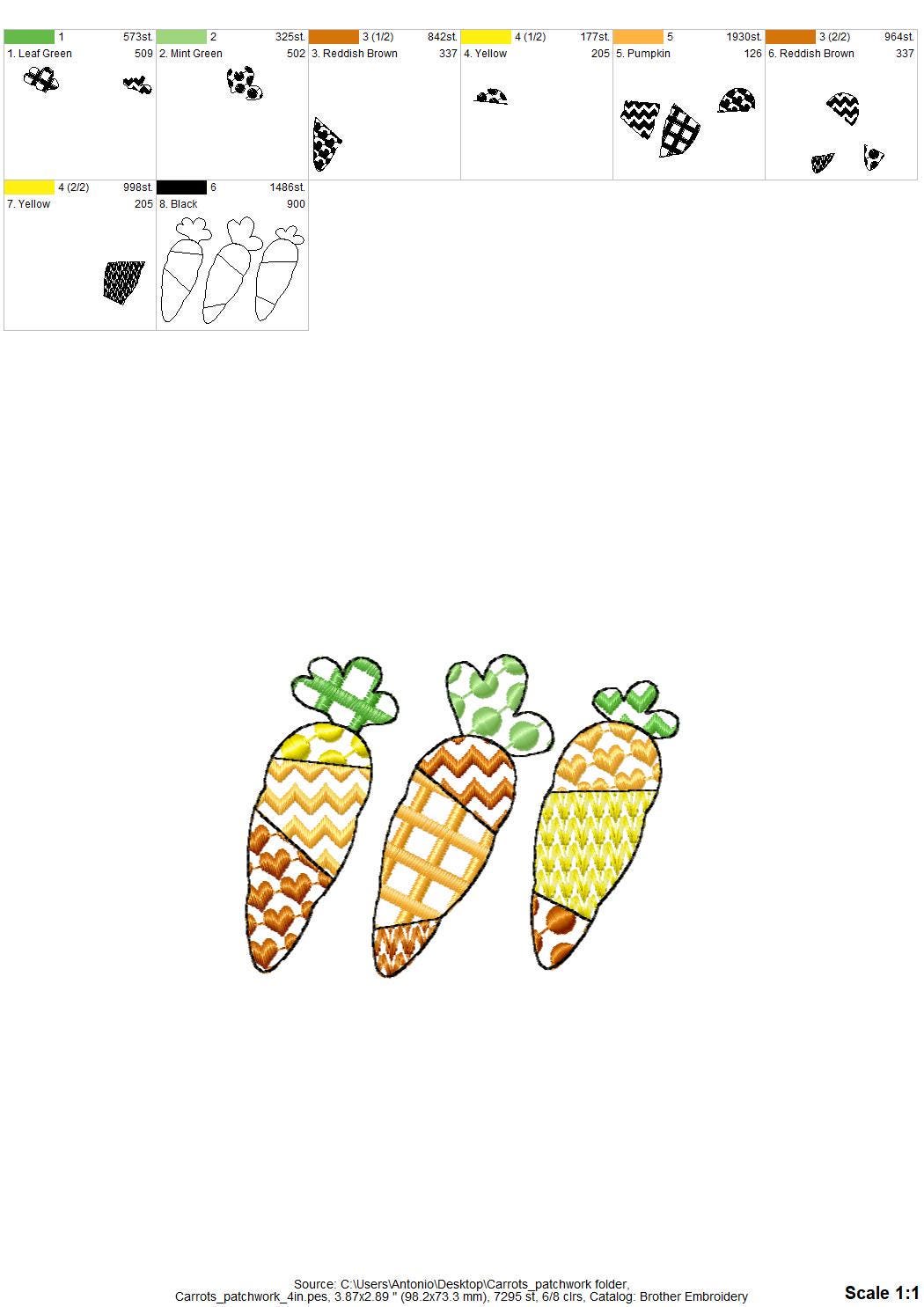 Patchwork Carrot Trio – Towel machine embroidery pattern by Artapli