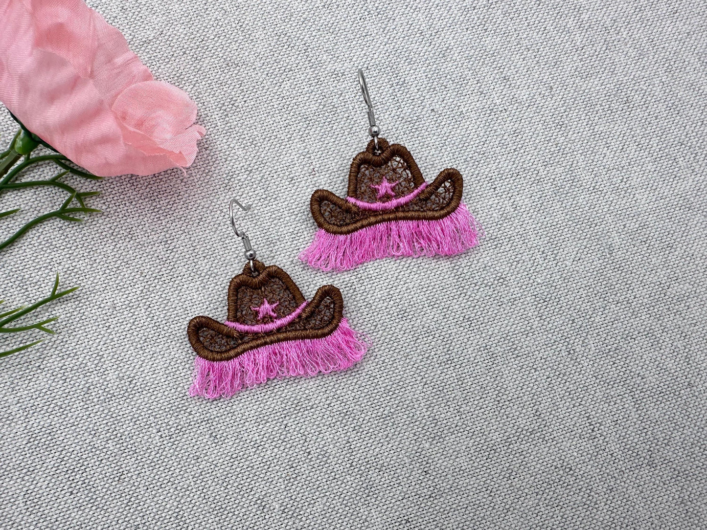Fringed Cowboy Hat Earrings – Freestanding Lace embroidery design instant download by Artapli