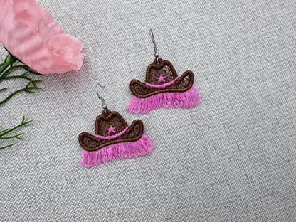 Fringed Cowboy Hat Earrings – Freestanding Lace embroidery design instant download by Artapli