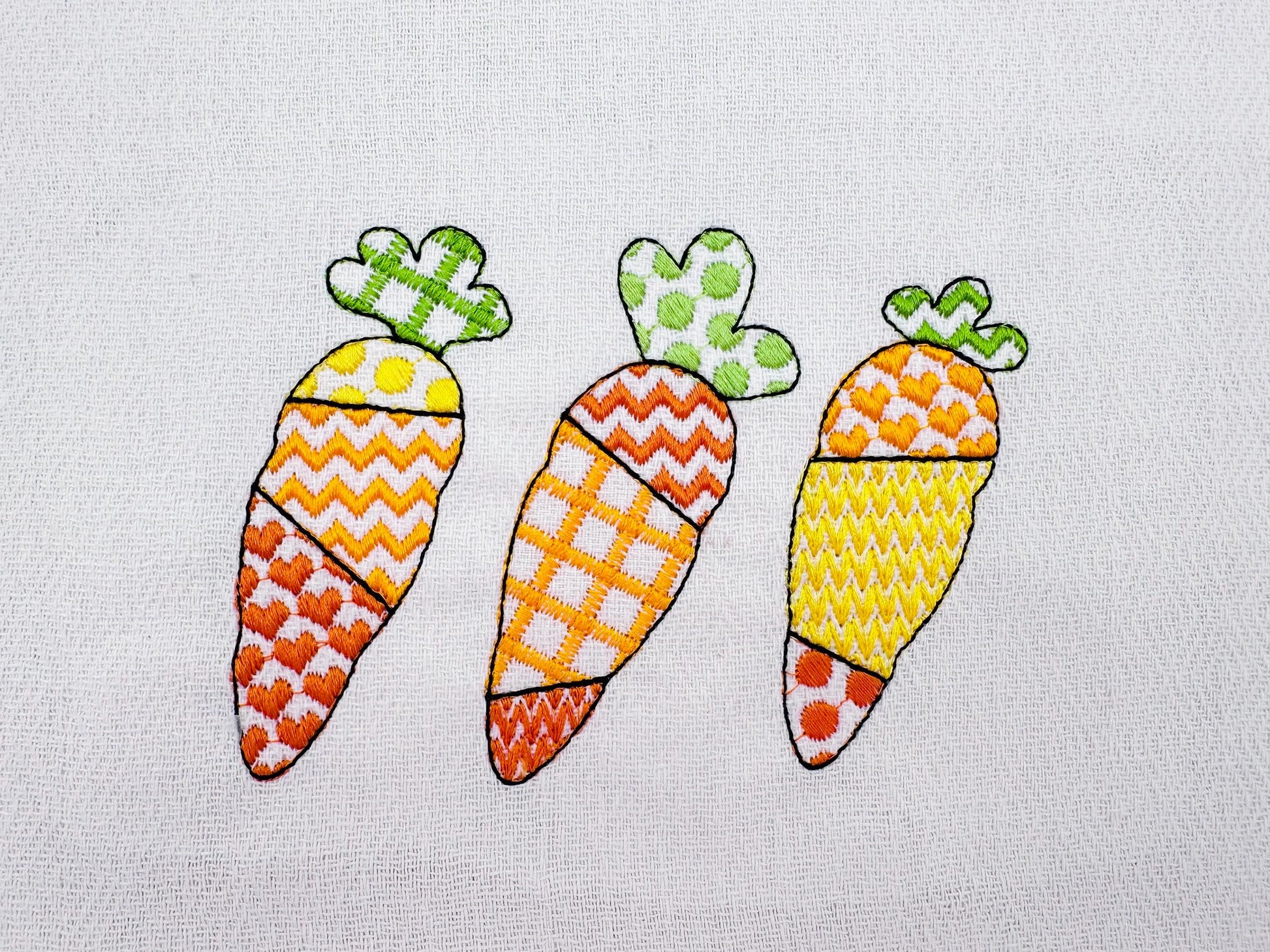 Patchwork Carrot Trio – Kitchen machine embroidery design by Artapli