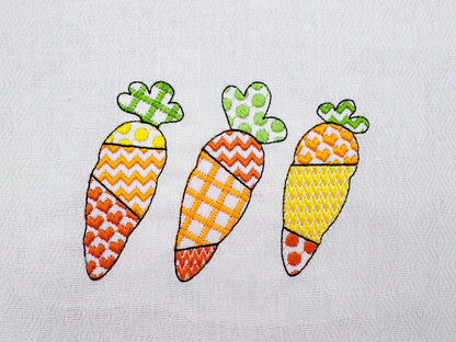 Patchwork Carrot Trio – Kitchen machine embroidery design by Artapli