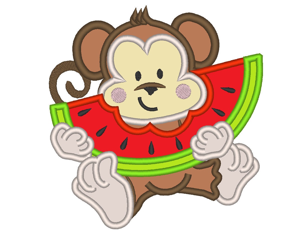 Cool summer monkey with watermelon - embroidery Applique Embroidery 4" 5" 6" 7" | PES DST JEF | Artapli