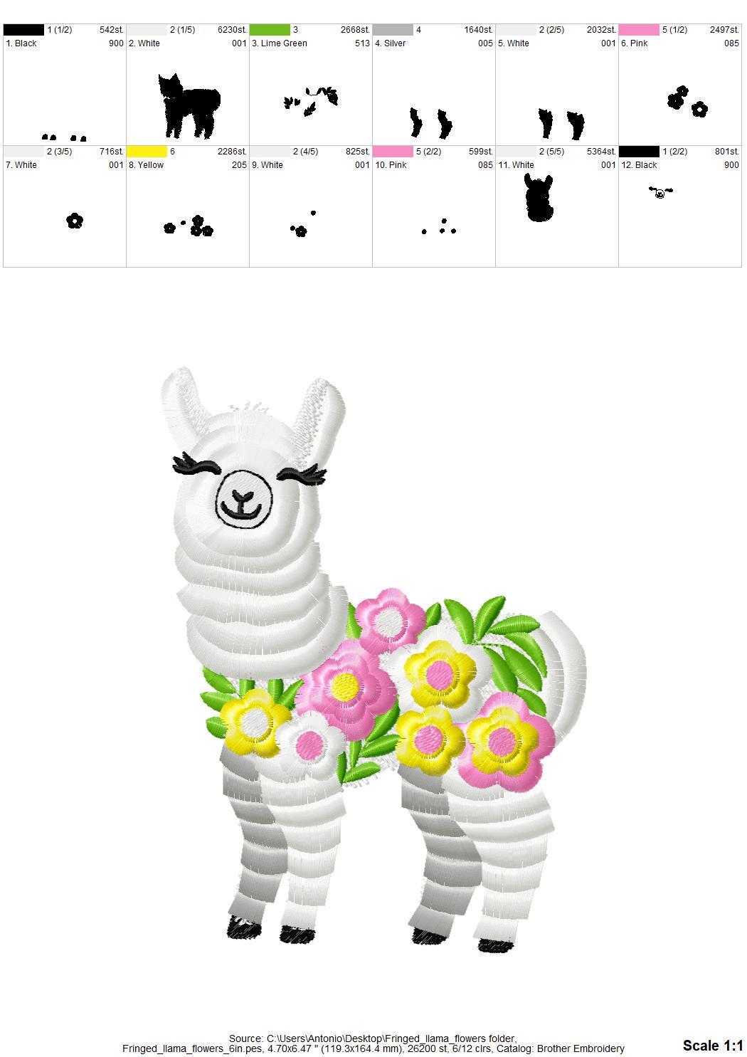 Fringed Floral Pretty Llama – Girl machine embroidery design by Artapli