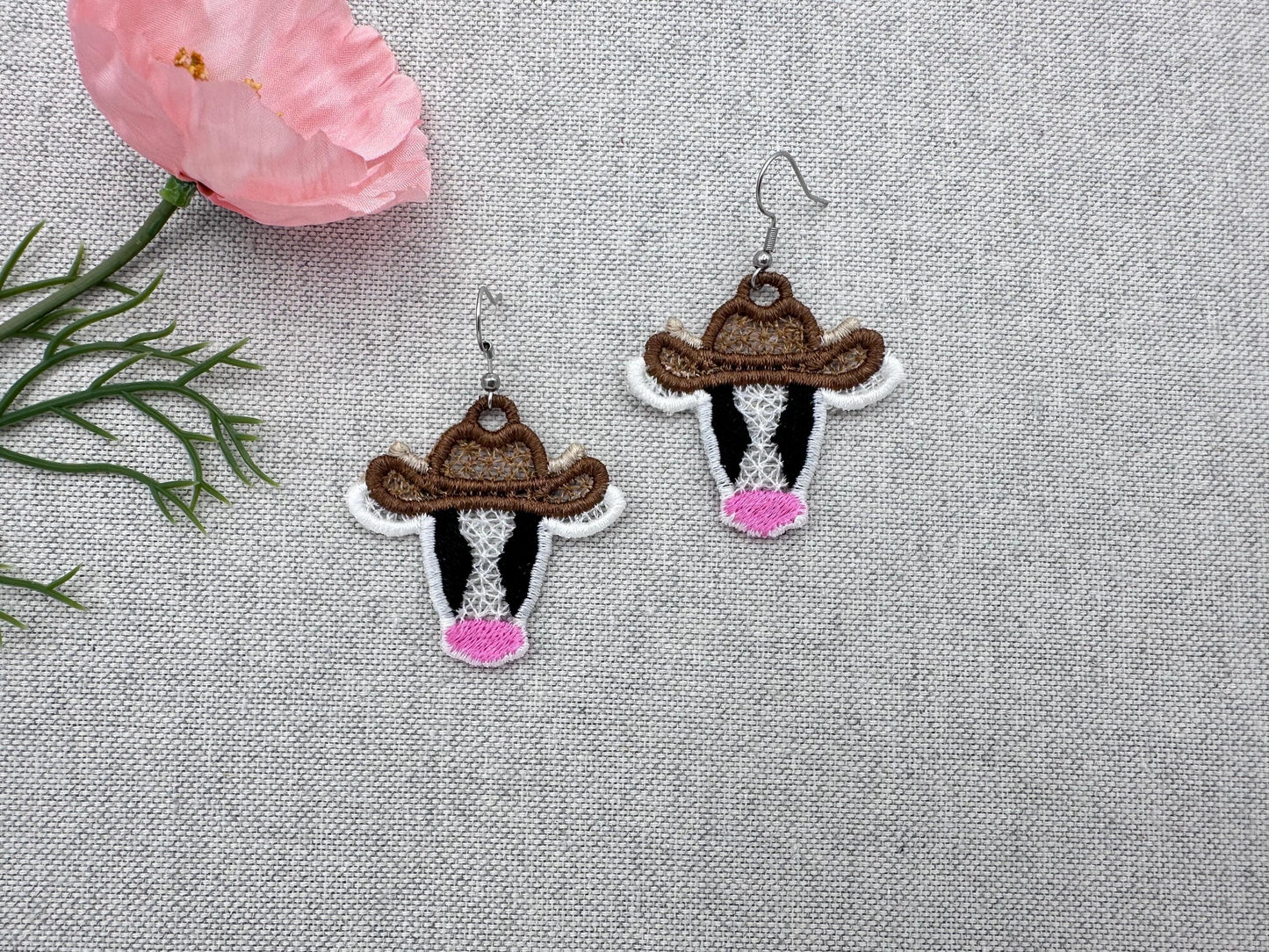 Cow Cowboy Hat Cowgirl girls Earrings charm FSL freestanding lace machine embroidery designs in the hoop