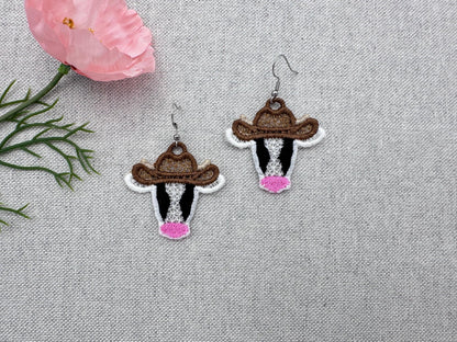 Cow Cowboy Hat Cowgirl girls Earrings charm FSL freestanding lace machine embroidery designs in the hoop