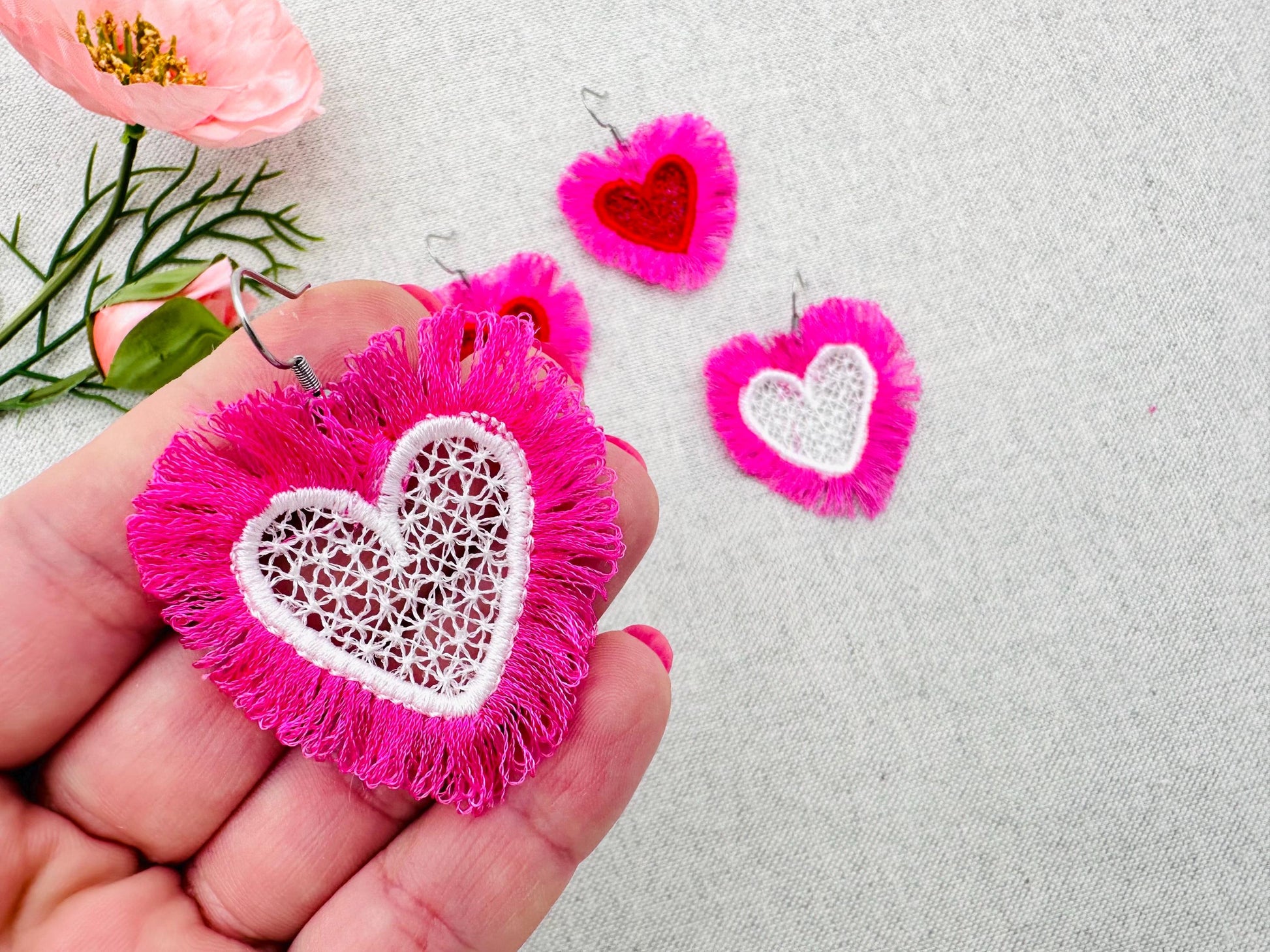 Fluffy Heart Earrings FSL – Chenille machine embroidery design by Artapli