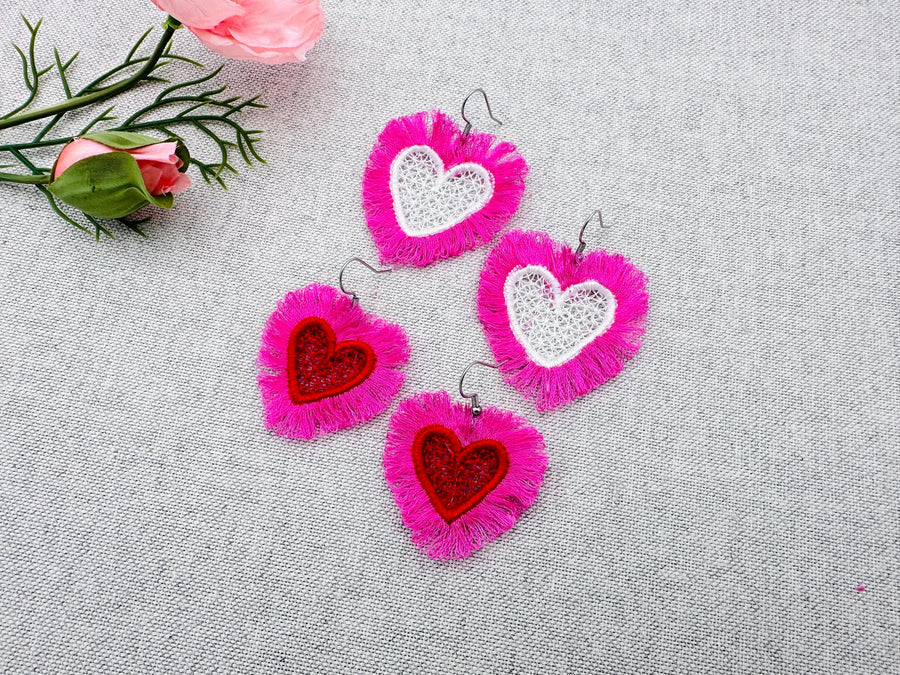 Fluffy Heart Earrings FSL Machine Embroidery 1.3" 1.7" 4" | PES DST JEF | Artapli