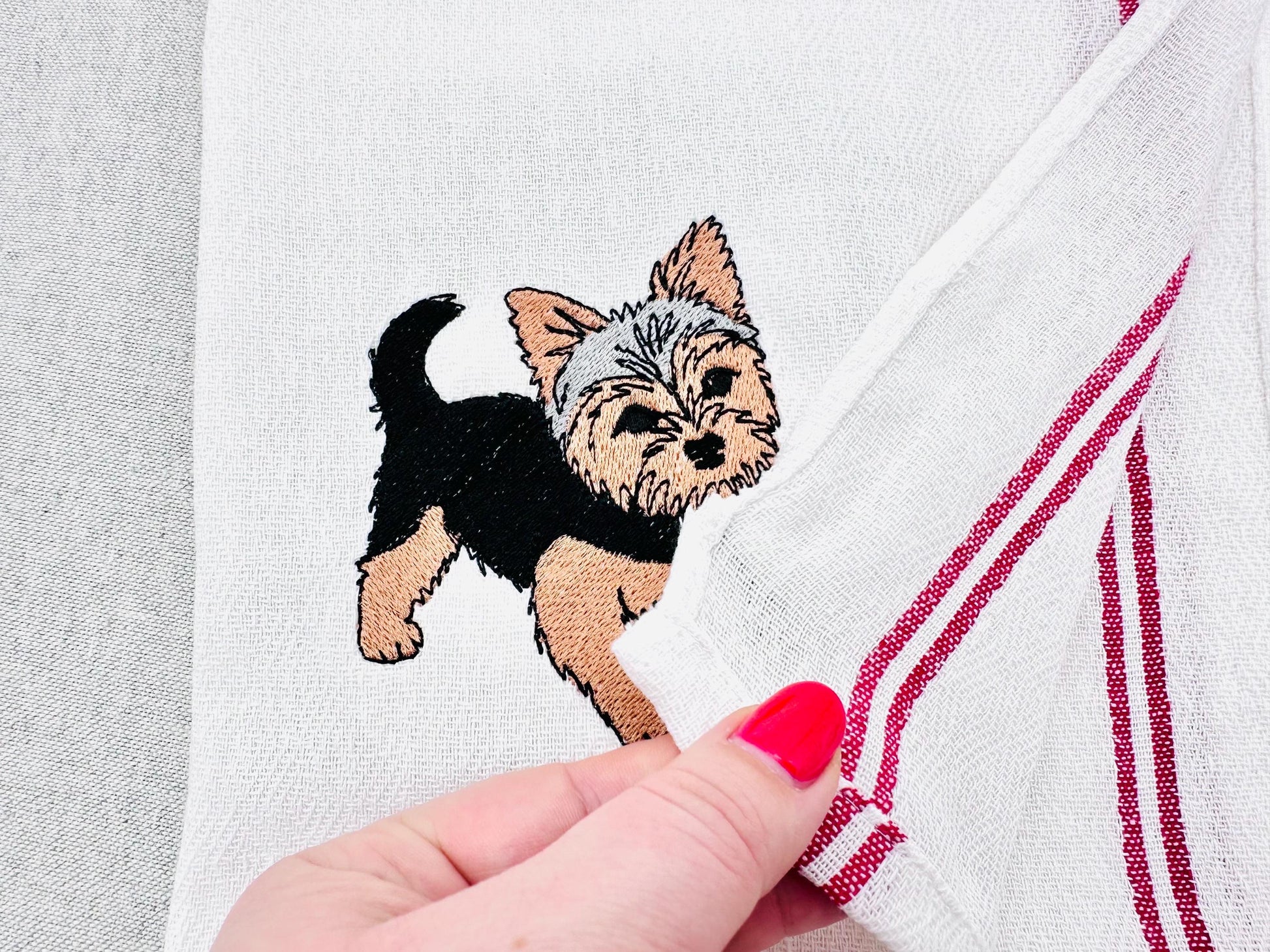 Cute Playing Little Yorkie Puppy Dog Mama kitchen dish towel pet animal kids machine embroidery designs ITH