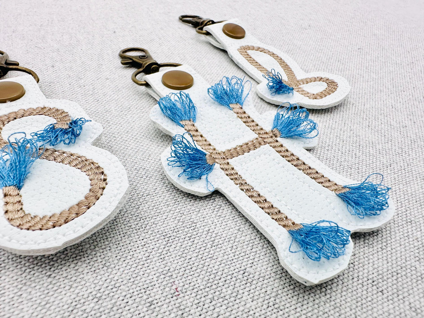 Rope stitch with fringed Tassel Monogram Eyelet and Key Fob Snap Tab Keychain ITH machine embroidery designs
