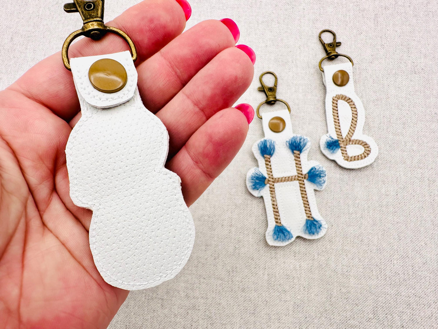 Rope stitch with fringed Tassel Monogram Eyelet and Key Fob Snap Tab Keychain ITH machine embroidery designs
