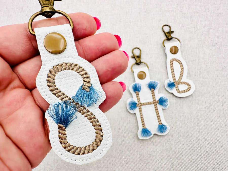 Rope stitch with fringed Tassel Monogram Eyelet and Key Fob Snap Tab Keychain ITH machine embroidery designs