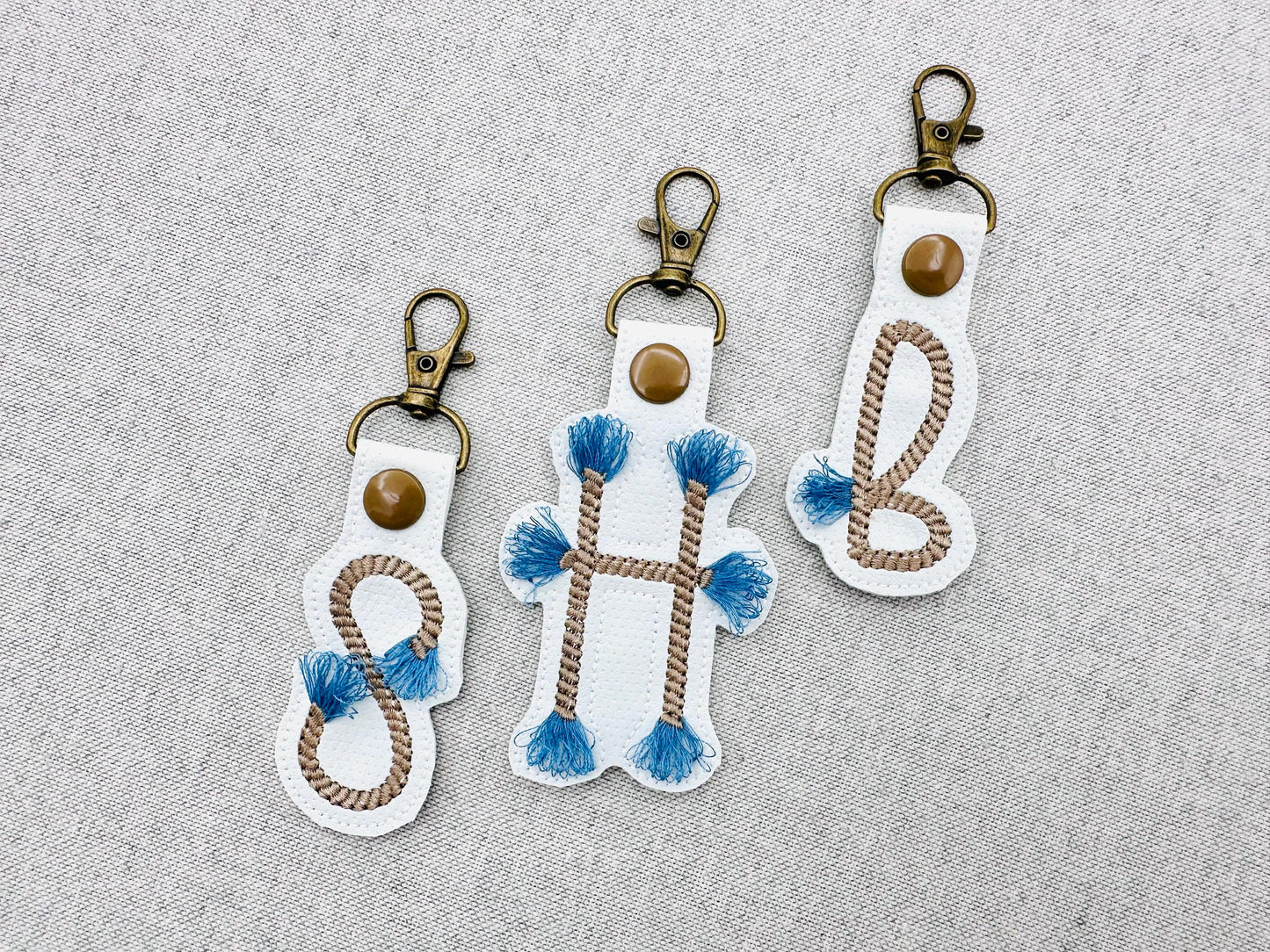 Rope stitch with fringed Tassel Monogram Eyelet and Key Fob Snap Tab Keychain ITH machine embroidery designs