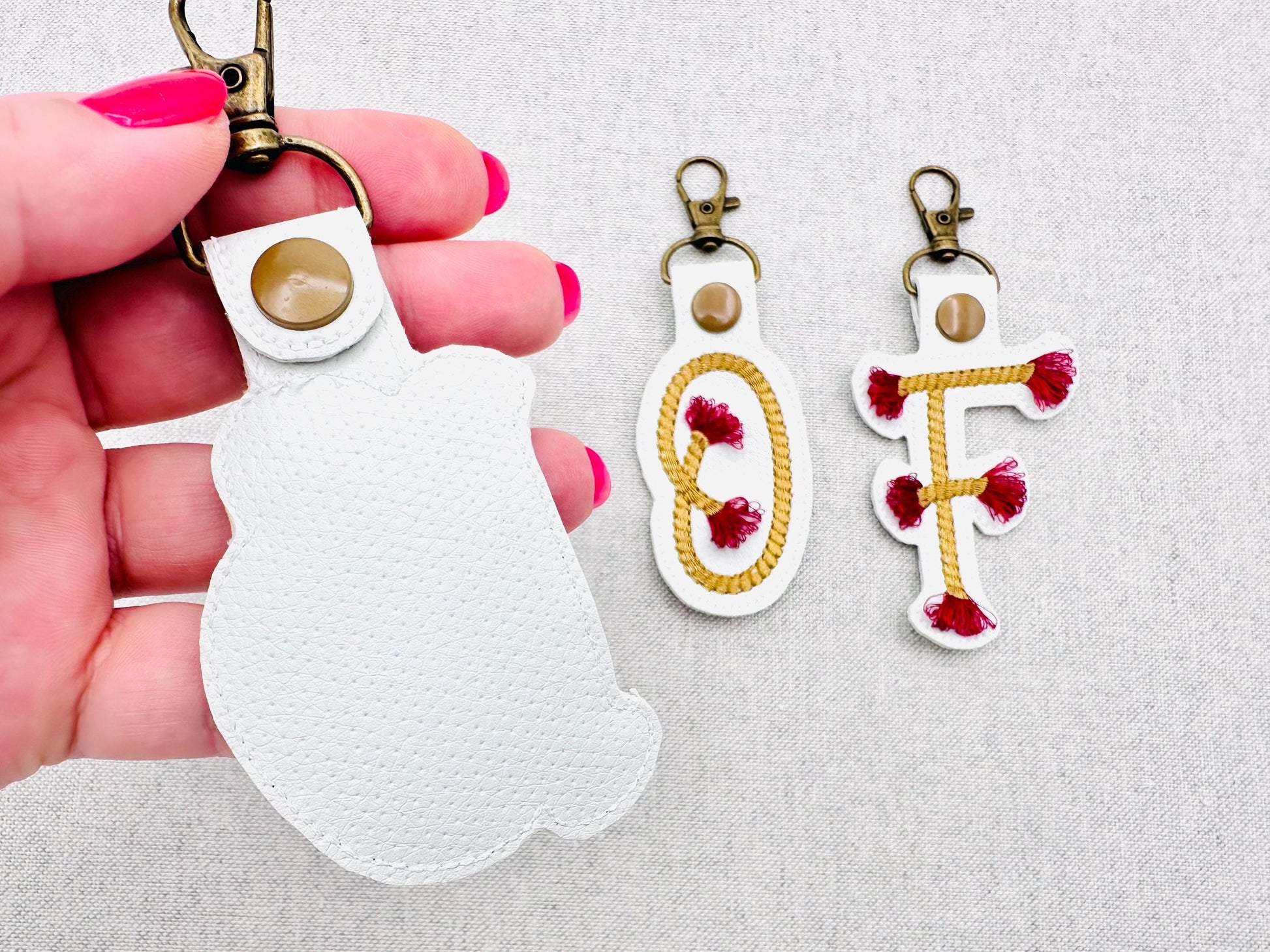 Twisty Rope with fringed Tassel Eyelet and Key Fob Snap Tab Monogram in the hoop ITH keychain machine embroidery designs