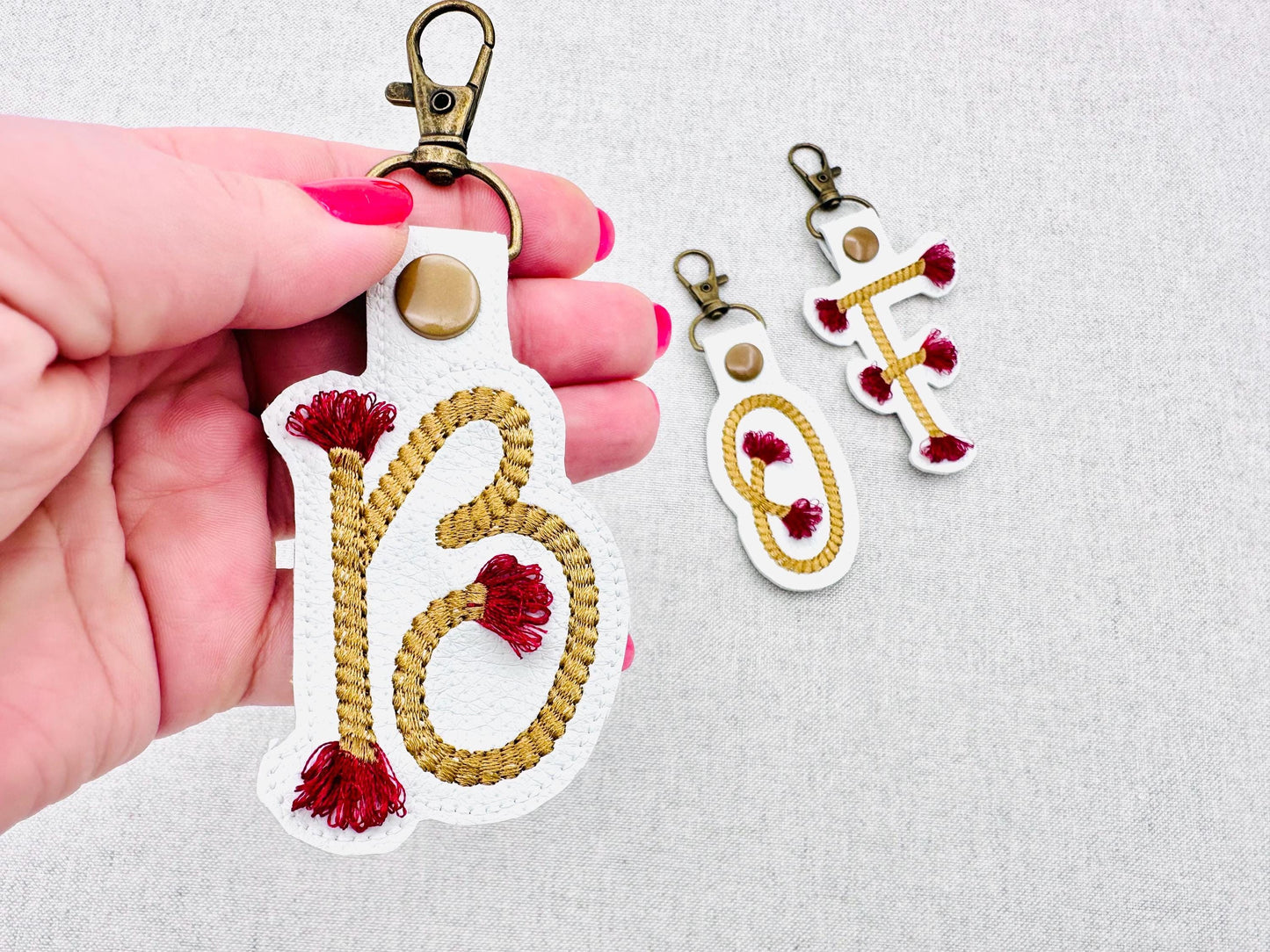 Twisty Rope with fringed Tassel Eyelet and Key Fob Snap Tab Monogram in the hoop ITH keychain machine embroidery designs