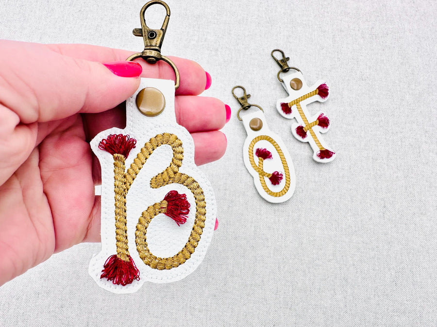 Twisty Rope with fringed Tassel Eyelet and Key Fob Snap Tab Monogram in the hoop ITH keychain machine embroidery designs